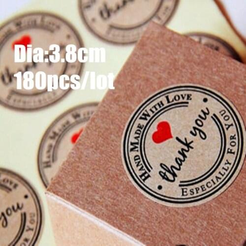 180pcs/lot 38*38mm Round Thank you Hand Made Stickers Kraft Label Sticker DIY For Gift Cake Baking Sealing Sticker
