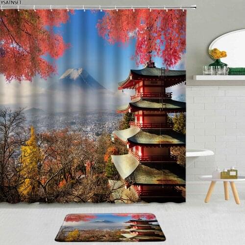 2Pcs Japanese Style Mount Fuji Shower Curtain 3D Pavilion Cherry Blossom Landscape Bathroom Non-Slip Bath Mat Cloth Curtains Set