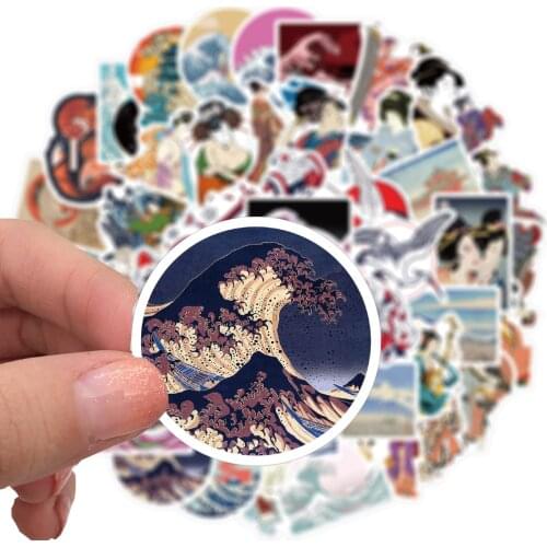 50pcs Vintage Sea Wave Doodle Sticker Decals Japanese Style Ukiyo-e Art Stickers Kids Classic Toys For Stationery Laptop Guitar