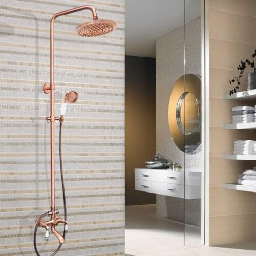 Antique Red Copper Brass Bathroom Shower Faucet Set Bathtub Shower Faucet Bath Shower Tap Rainfall Shower Head arg546