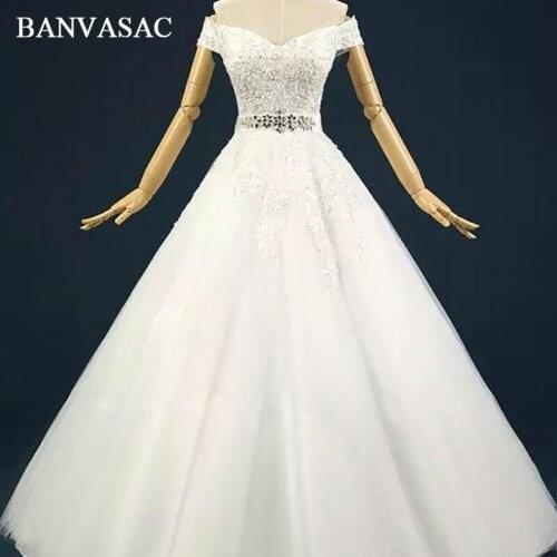 BANVASAC 2017 New Luxury Embroidery V Neck Wedding Dresses Short Sleeve Satin Crystals Sash Lace Bridal Ball Gowns