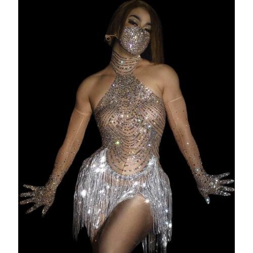 Sparkly Rhinestone Fringe Transparent Dresses for Women Dancer Show Leotard Celebrate Outfit Prom Bar Birthday Costumes
