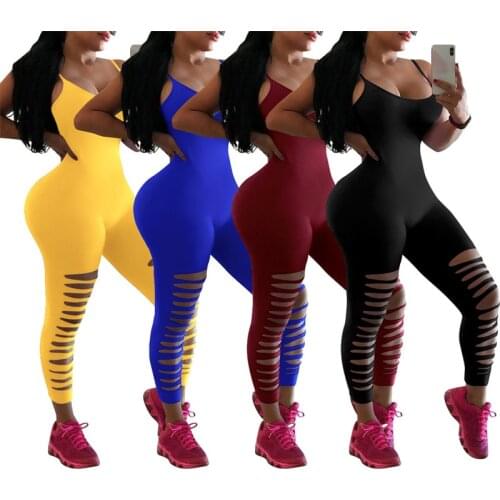 CHRONSTYLE 2021 Women Sleeveless Strap Solid Bodycon Jumpsuit Clubwear Hollow Out Sports Pants Jumpsuit Romper Leotard Trousers