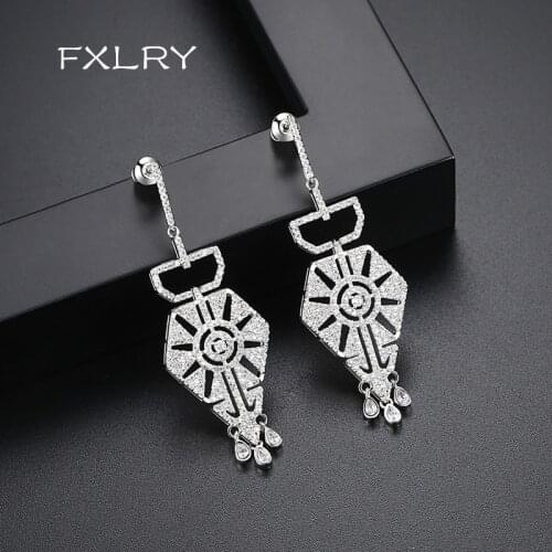 FXLRY Luxury White color Micro-inlay Cubic Zircon Teardrop Geometric Chandelier Earrings For Women Wedding Jewelry