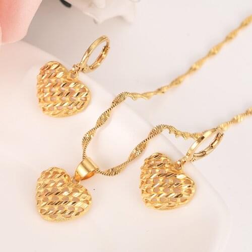 Gold dubai hollow heart Jewelry Sets Earrings Pendant necklace chain wedding bridal Women Party wedding mother gifts