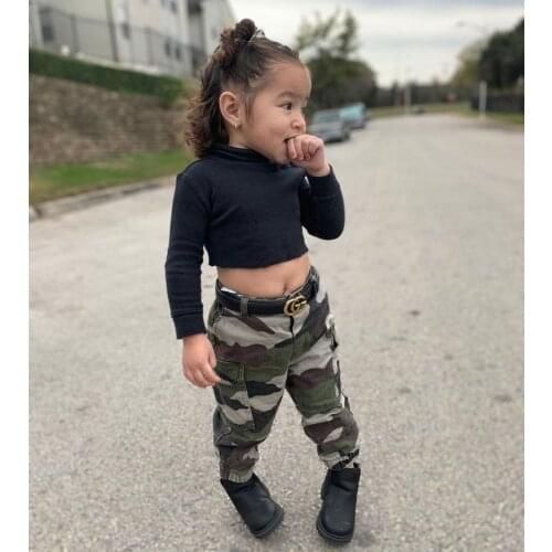 2021 1-6Y Autumn Kids Baby Girl Clothes Set Black Solid Long Sleeve Crop Top+Leopard Pants Fashion Toddler Outfits 2pcs