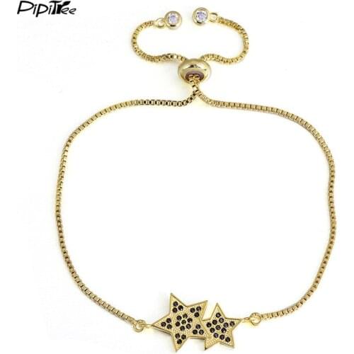 Pipitree 2018 New Double Star Bracelet with Micro CZ Black Zirconia Pave 4 Colors Adjustable Chain Charm Bracelets for Men Women