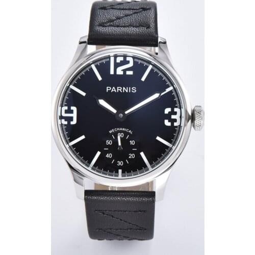 New 2020 PARNIS 44mm ST3620 movement Hand-winding Mens Wristwatch black dial pin clasp leather strap Mens clock brushed case