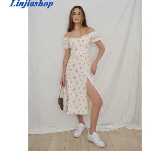 Fashion summer dress women short sleeve elegant holiday zipper beach floral print split midi dress femme vestidos