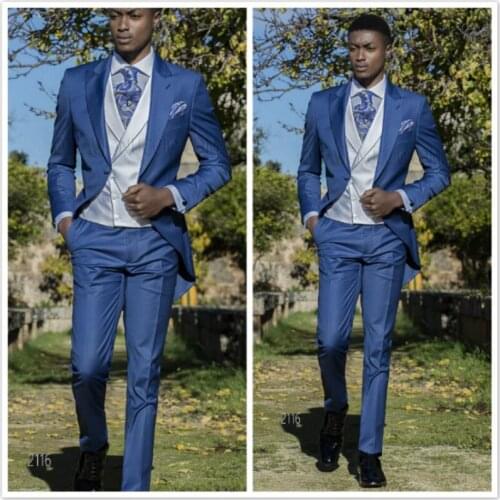 Beach Blue Wedding Tuxedos Evening Party Prom One Button Mens Suits Slim Fit Best Man Blazer Suit (Jacket+Pants)