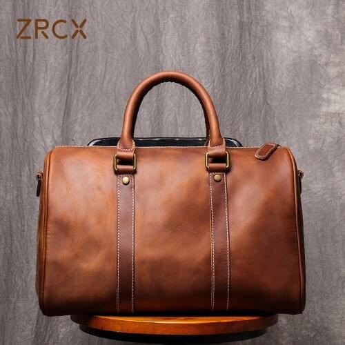 ZRCX Vintage Handmade Genuine Leather Travel Bag Men And Women Handbag Fitness Messenger Bag Shoulder Bag For 12.2 Inch Laptop