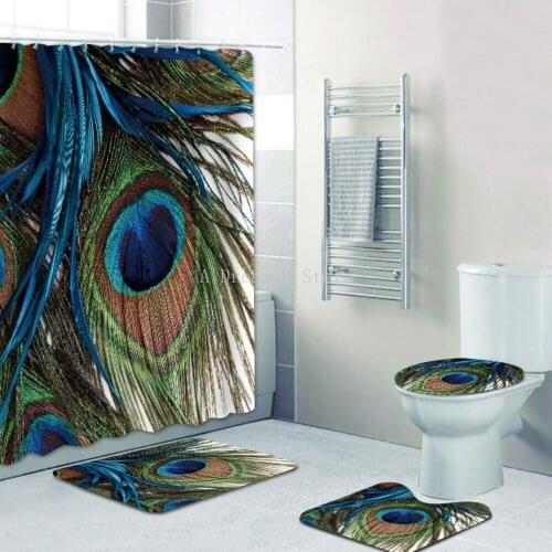 New Luxury Peacock Feather Shower Curtain Waterproof Polyester Bathroom 3d Curtain Shower Curtain Set Bath Mat Rug And 12 Hooks