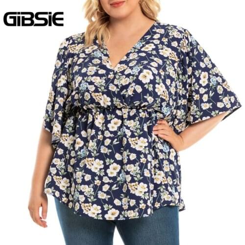 GIBSIE Plus Size Surplice Neck Floral Print Blouse Women Summer Butterfly Sleeve Tops Boho Casual Ladies Big Size Blouses 4xl