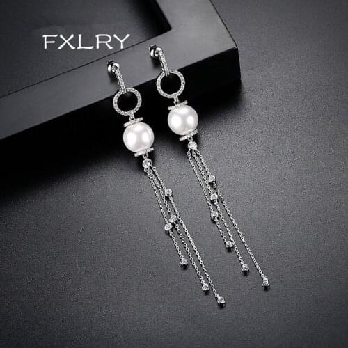 FXLRY New Design Elegant White Color AAA Cubic Zircon Pearl Long Tassel Earrings For Women Fashion Jewelry