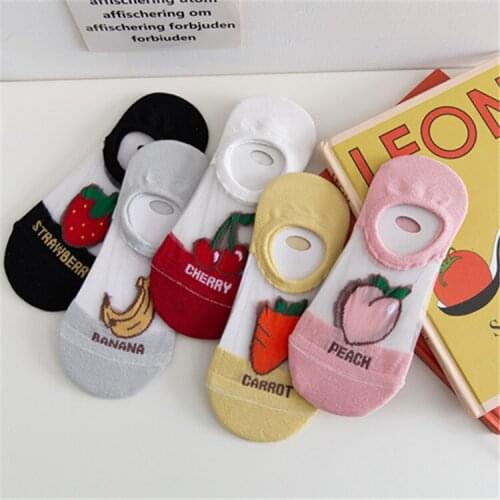 Womens Cotton invisible Socks Slipper Summer Mesh Thin Fruit Print Boat Short Sock Female Silicone No show Ankle Socks for Girl