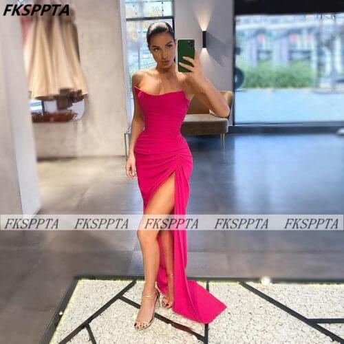 2021 Long Sexy Fuchsia Prom Dresses Strapless Corset Straight Women Formal Gowns With Slit Custom Made Prom Dress