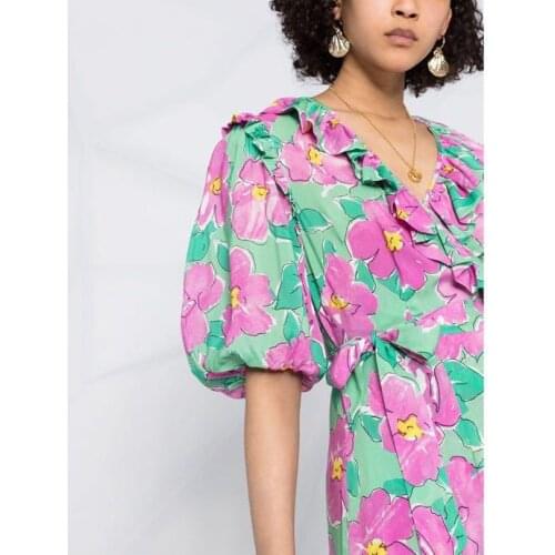 Women Dress 2021 Spring and Summer New Ladies Printed V-neck Lace Dress