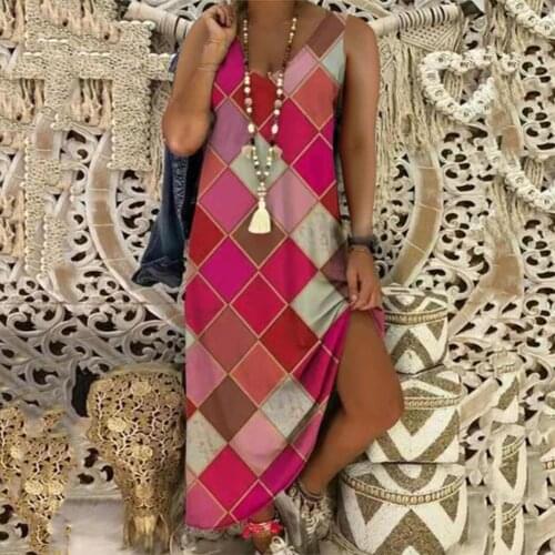 Women Dress Plaid Print V Neck Summer Tree Mountain Print Sleeveless Dress for Beach vestidos платье летнее женское2021