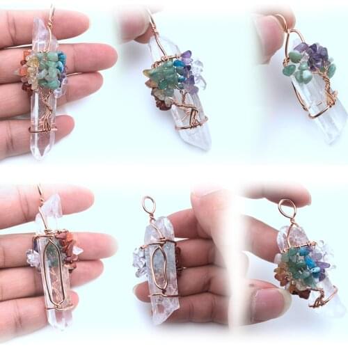 1pcs Natural White Crystal Reiki Chakra Amethys t Tree of Life Rose Gold Handmade Wire Wrapped Big Pendant For