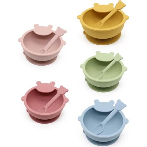 Q1FE 2 Pcs BPA Free Silicone Waterproof Baby Suction Bowl Training Spoon Set Non-Slip Learning Feeding Food Dish Plate Kids
