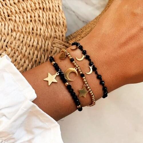 3 pieces/set of bracelets for women handmade black beaded stars and moon bracelets fashion woman jewelry Mothers day gift