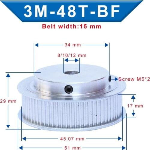 3M-48T Pulley BF shape Inner Bore 8/10/12mm Aluminum Material Pulley Wheel Slot Width 17mm For 3M-Rubber Timing Belt Width 15mm