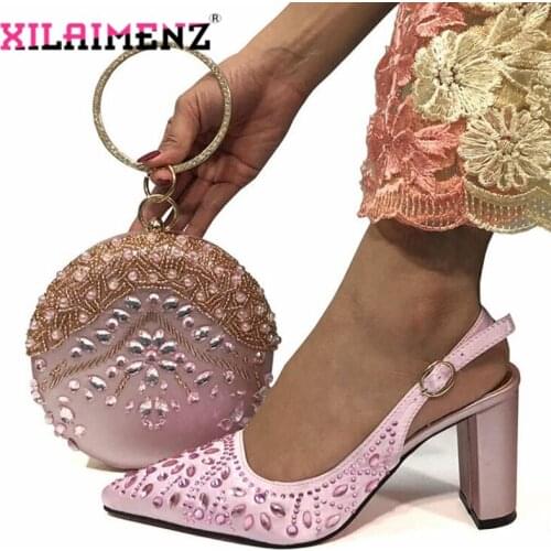 Shinning Quality Sweet Women Shoes and Bag to Match Concise Italian Lady Shoes and Bag Set with Crystal For Wedding in Pink