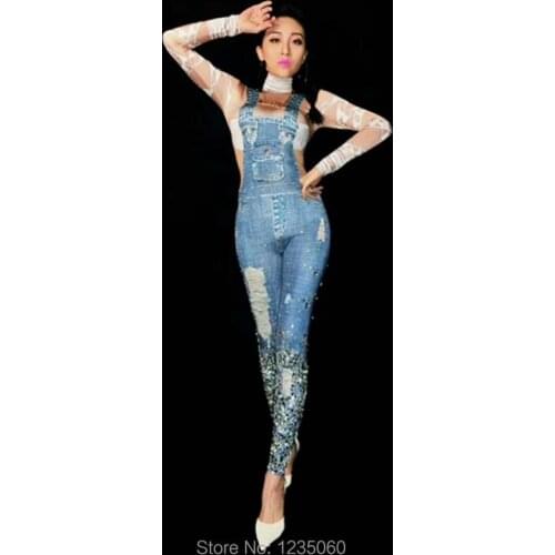 Bright Stones Jeans Printed Jumpsuit Rhinestones Skinny Leggings Nightclub Show Womens Birthday Party Prom DS Outfit Stage Wear