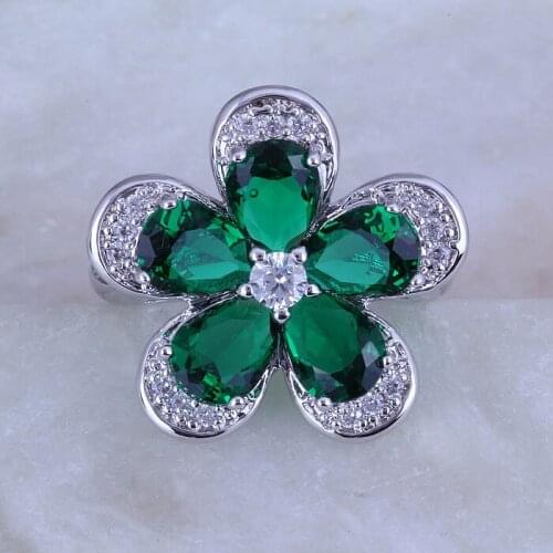 Love Monologue Flawless Green Crystal & Cubic Zirconia Flowers in Full Bloom Silver Color Ring Free Gift Bag J0491