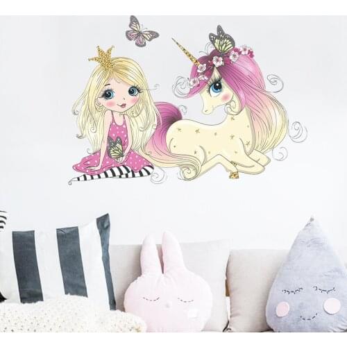 Cartoon Little Princess and Unicorn Wall Stickers Vinyl Decorative Wall Decals Baby Girl Bedroom Decoration Nursery Mural Poster
