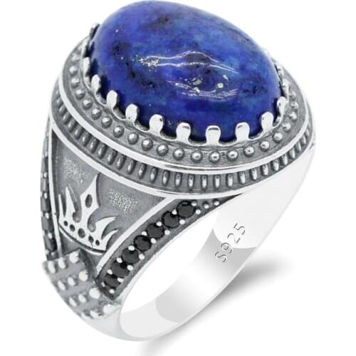 100% 925 Sterling Silver Ring For Male Blue Natural Lapis Stone Crown Anchor Black Zircon Stone Party Wedding Ring Fine Jewelry