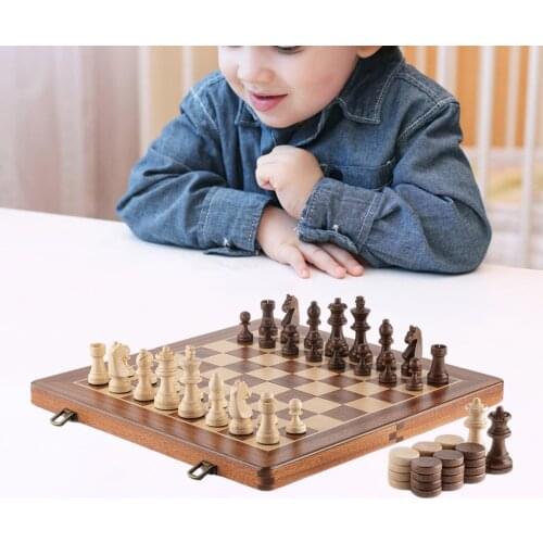15" Classic Mahogany Wooden Chess & Checkers Set Folding Chessboard Portable Handmade Chess Pieces Travel Board Game