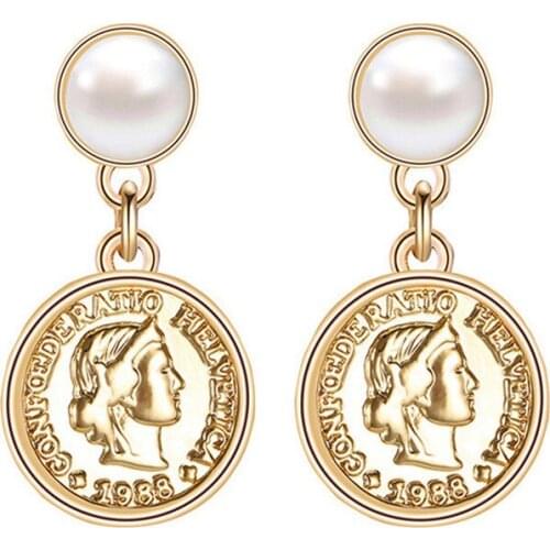 New Fashion Exaggerated Retro European and American Ear Stud Ya Jin Baroque Pearl Head Portrait Coin Earrings for Women