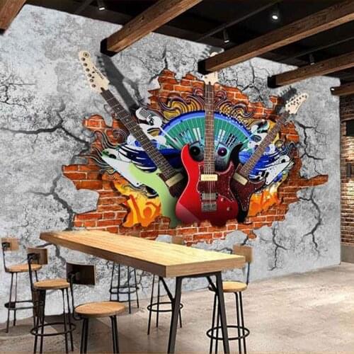 Custom 3D Wallpaper Guitar Brick Wall KTV Bar Backdrop Graffiti Art Wall Painting DIY Self-adhesive Removable Sticker Wall Mural