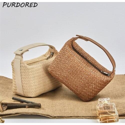 PURDORED 1 Pc Women Mini Handbag Female Straw Cosmetic Bag Summer Travel Makeup Beach Bag Makeup Beauty Kit Vacation Casual Bags