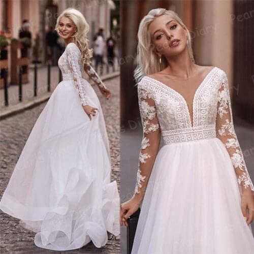 Luxury V Neck A Line Bride Dresses For Weddings 2021 Vestidos De Noiva Appliques Beach Lace Formal Bridal Gowns Wedding Dresses