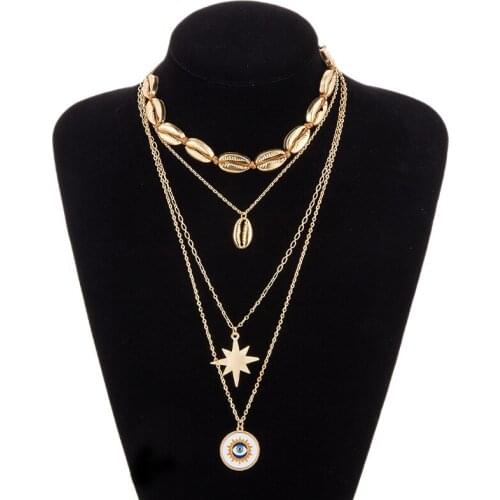 Evil Eye Shell Pendant Choker Necklace Women Seashell Star Cowrie Gold Link Chain Long Statement Necklaces Boho Collar Jewelry