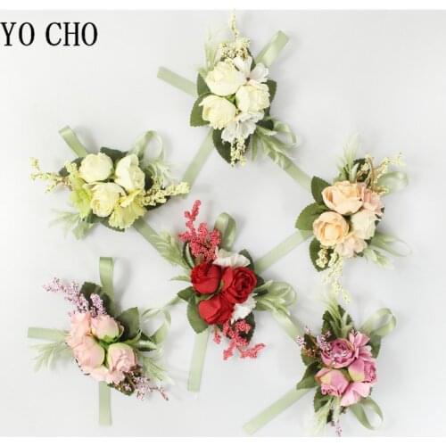 YO CHO Corsages Artificial Flower Wedding Boutonniere Silk Rose Man Brooch Pins Bridal Wrist Corsage Party Wedding Buttonhole