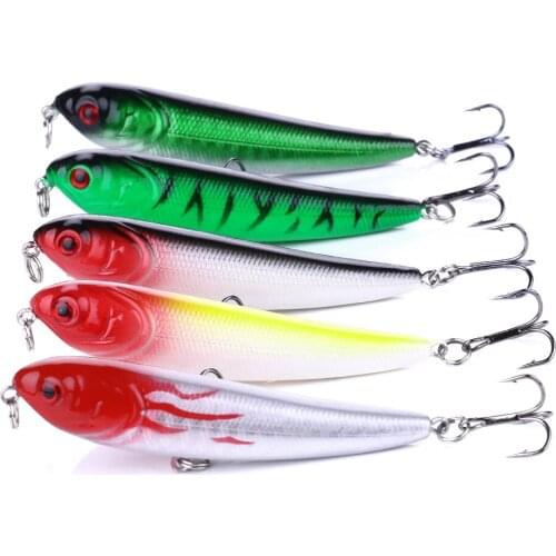 YUZI 5PCS Top Water Fishing Lure Wobbler Hard Plastic Artificial Surface Pencil Minnow 70mm 6g