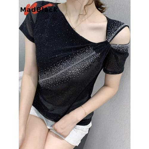 Summer European Clothes T-shirt Sexy Shiny Irregularity Off Shoulder Mesh Diamonds Women Tops Ropa Mujer Tees 2020 New T05503