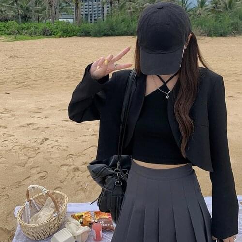 Black Suit Cropped Blazer Women Korean Streetwear Short Pink Blazer Casual Thin Long Sleeve Suit Jacket Fall 2021 Womens Fashion