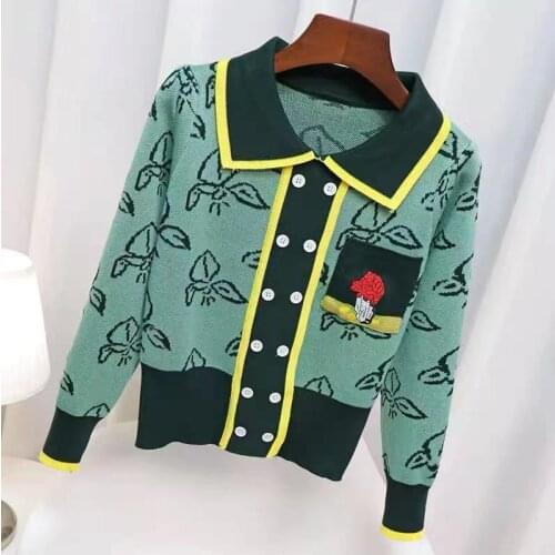 2021 New Autumn Vintage Jacquard Long Sleeve Knitted Sweater Women Ins Button Thin Pullover Korean Fashion Casual Pull Femme