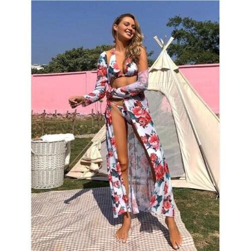 Female Beach Coat, Floral Print Long Sleeve Bikini Cover--Up Cardigan Shirt for Summer, Red, S/M/L/XL