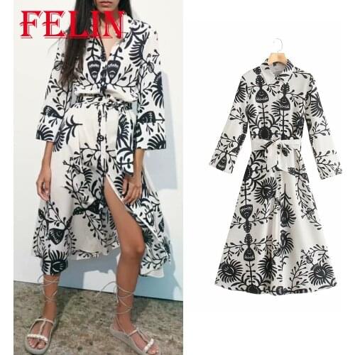Za 2021 Women Vintage Floral Print Long Shirt Dress Long Sleeve Sashes Front Split Elegant Dress Stylish Casual Mujer Vestidos
