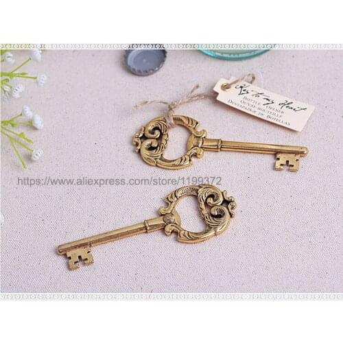 100pcs Key to My Heart Gold Antique Key Bottle Opener Wedding Party Favor Gift Vintage Rustic