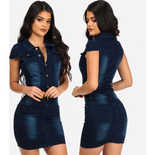 2021 Sexy y2k Turndown Collar Cotton Bodycon Jeans Dress Buttons Summer Plus Size Party Club Denim Dress Women Short Mini Dress