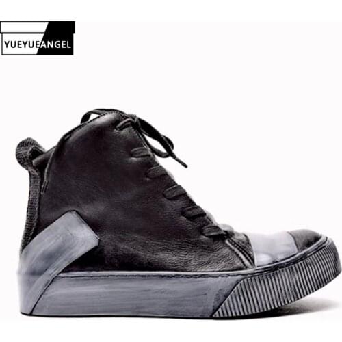 Men Retro Real Leather High Top Shoes Handmade Platform Mixed Color Spliced Ankle Boot Luxury Trainers Street Safety Casual Shoe