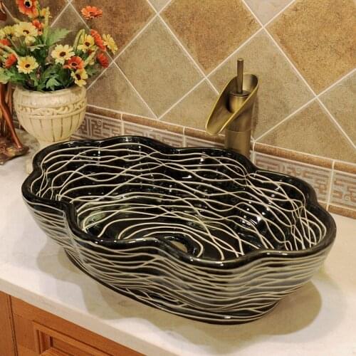 China Artistic Procelain Handmade Europe Vintage Lavabo Washbasin Bathroom Sink Counter Top ceramic wash basin oval black