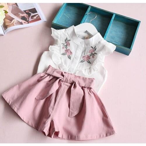 Girls Clothes Set Fashion 2-Piece Embroidered Flower Shirt Shorts Childrens Clothing For Girls Pink