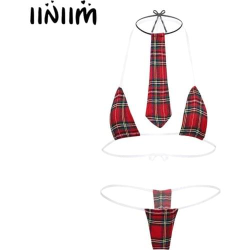 Womens Female Schoolgirls Student Plaid Set Lingerie Uniforms Exotic Role Play Sexy Costumes Lace-up Straps Bra Briefs with Tie
